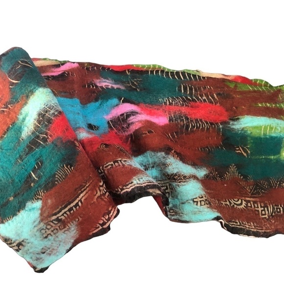 Nepal Artsy Colorful Felted Merino Wool Silk Long Scarf 74X12 Winter - Picture 6 of 12